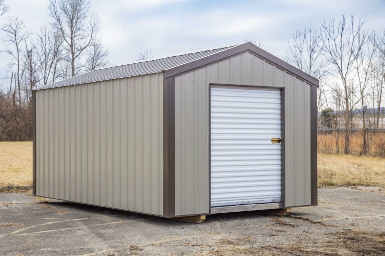 the side of a beige economic shed with a garage door and brown trim