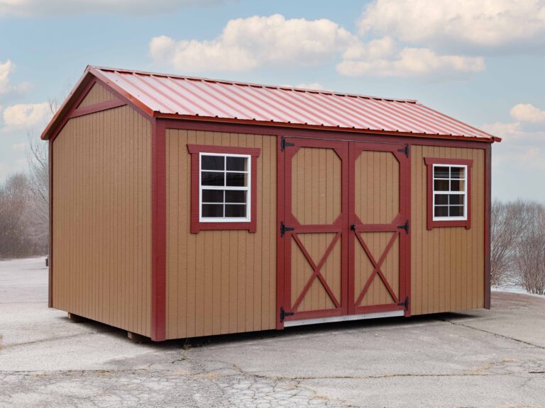 the side of a light brown garden shed with red trim and a red metal roof