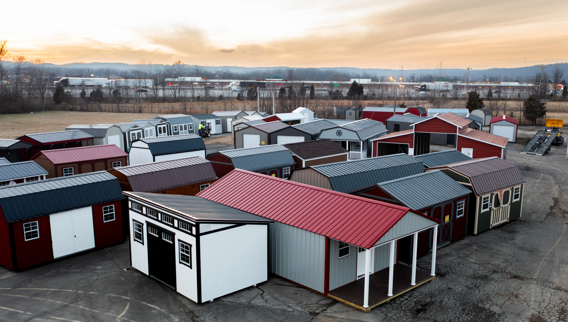 aerial photo of Rollin Mini Barns shed lots with sheds for sale in Indiana and Kentucky